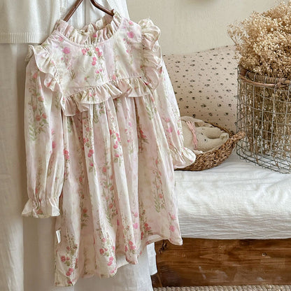 MyKids-USA® French Style Girls Floral Pattern Long Sleeves Ruffle Dress
