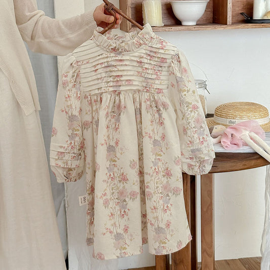 MyKids-USA® French Style Autumn Girls Flowers Print Ruffle Neck Long Sleeves Pleated Dress