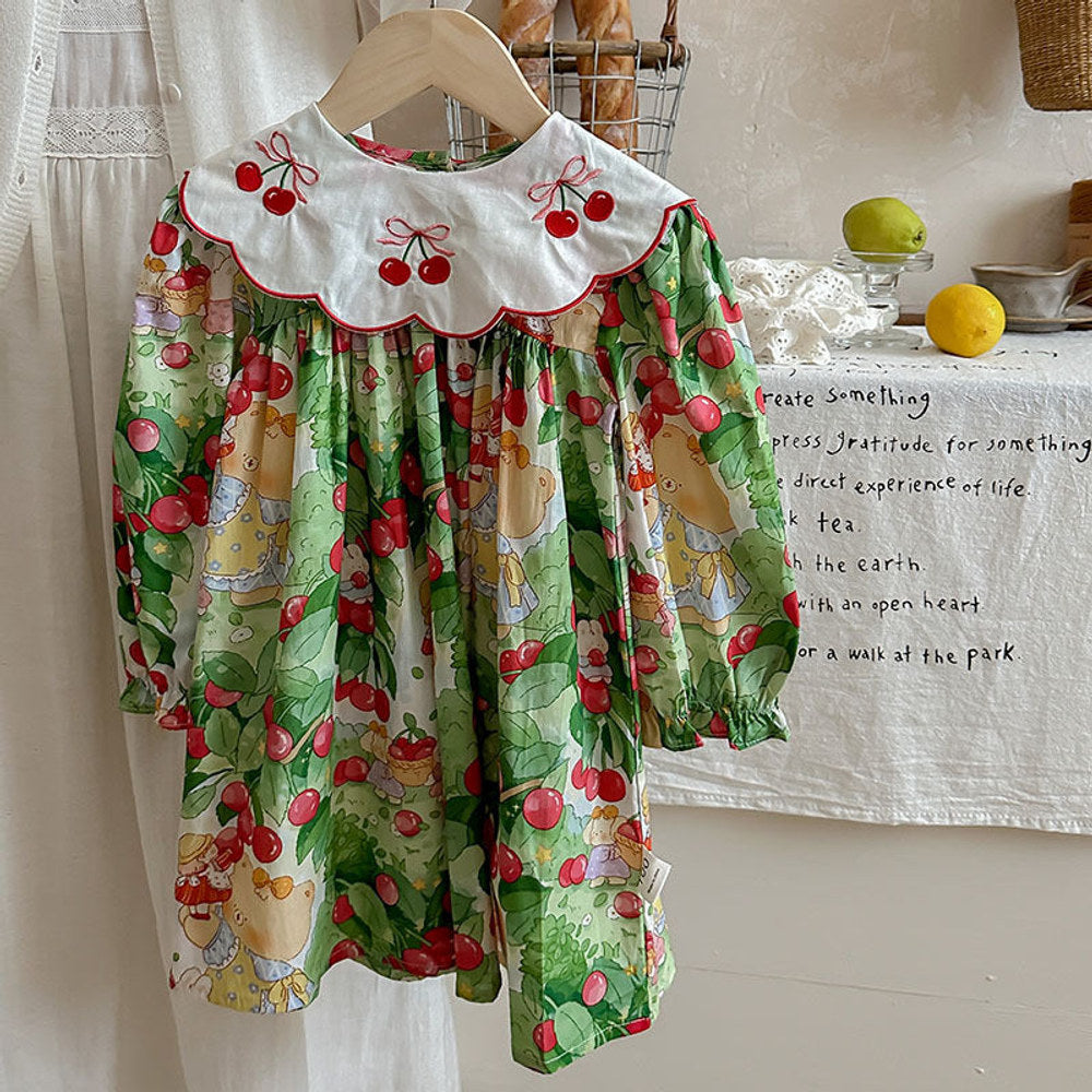 MyKids-USA® Girls Vivid Cherry and Teddy Pattern Long Sleeves Dress with Embroidery Collar