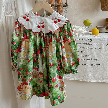 MyKids-USA® Girls Vivid Cherry and Teddy Pattern Long Sleeves Dress with Embroidery Collar