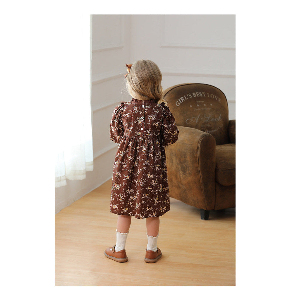 MyKids-USA® Design Girls Vintage Floral Long Puff Sleeves Ruffle Neck Dress
