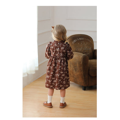 MyKids-USA® Design Girls Vintage Floral Long Puff Sleeves Ruffle Neck Dress