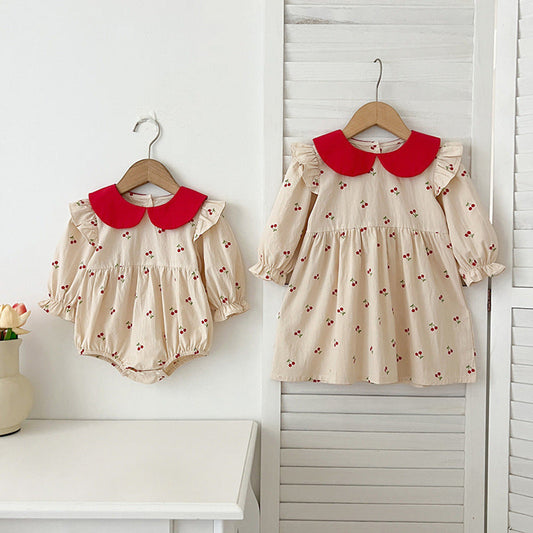 MyKids-USA® Baby Kids Girls Long Sleeves Cherry Pattern Peter Pan Collar bodysuit and Dress – Princess Sister Matching Set