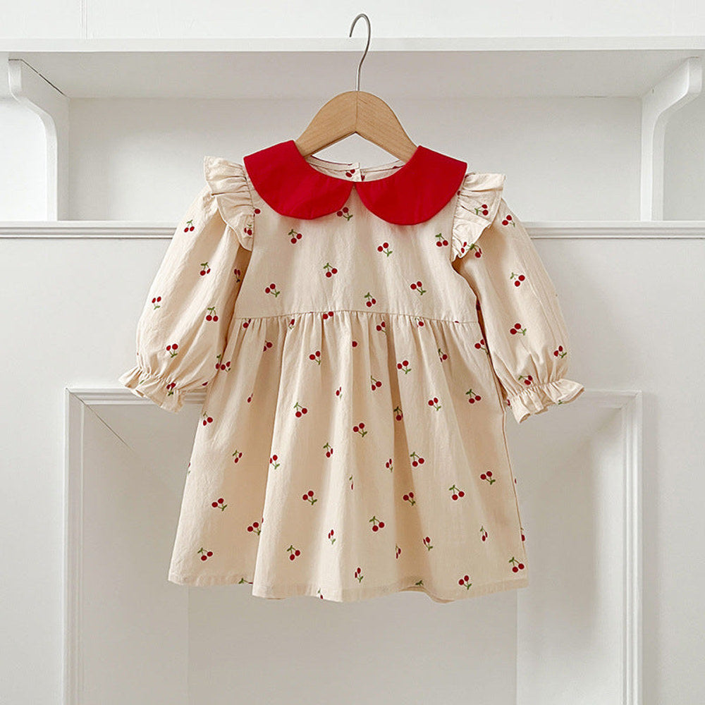 MyKids-USA® Baby Kids Girls Long Sleeves Cherry Pattern Peter Pan Collar bodysuit or Dress – Princess Sister Matching