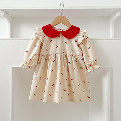 MyKids-USA® Baby Kids Girls Long Sleeves Cherry Pattern Peter Pan Collar bodysuit or Dress – Princess Sister Matching