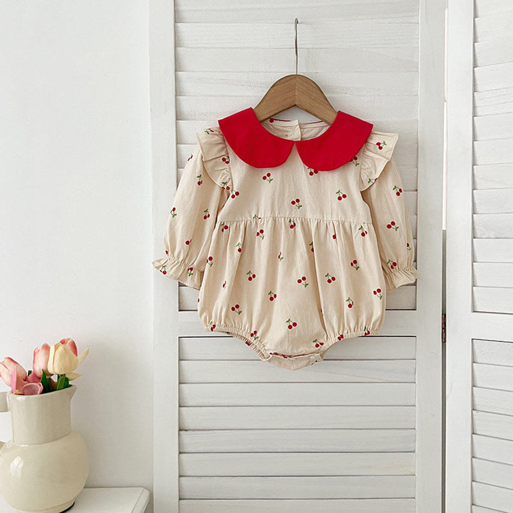 MyKids-USA® Baby Kids Girls Long Sleeves Cherry Pattern Peter Pan Collar bodysuit or Dress – Princess Sister Matching