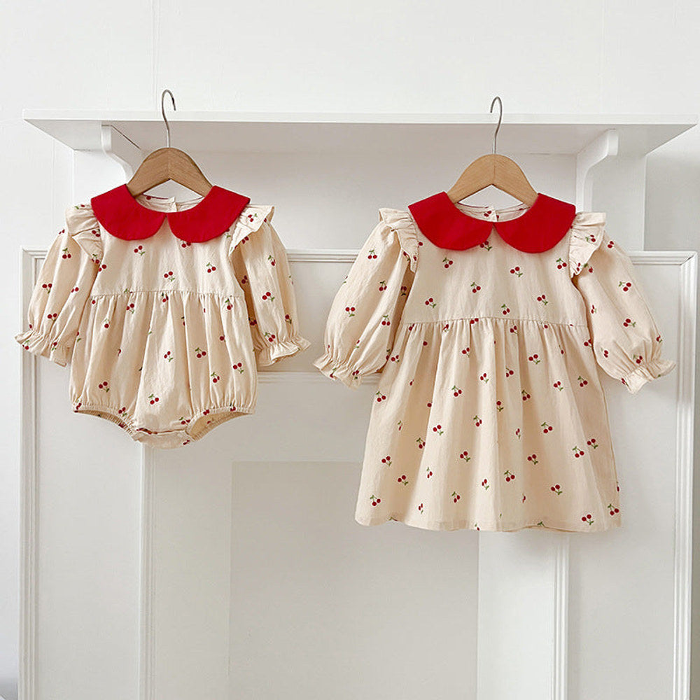 MyKids-USA® Baby Kids Girls Long Sleeves Cherry Pattern Peter Pan Collar bodysuit or Dress – Princess Sister Matching