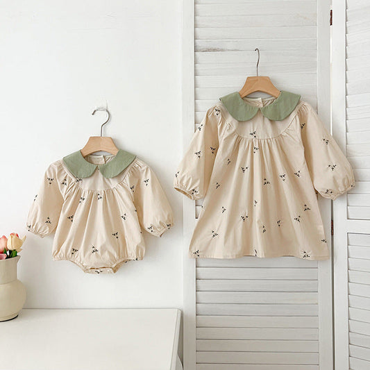 MyKids-USA® Baby Kids Girls Long Sleeves Floral Embroidery Pattern Peter Pan Collar bodysuit and Dress – Princess Sister Matching Set