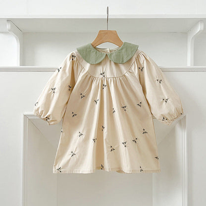 MyKids-USA® Baby Kids Girls Long Sleeves Floral Embroidery Pattern Peter Pan Collar bodysuit or Dress – Princess Sister Matching
