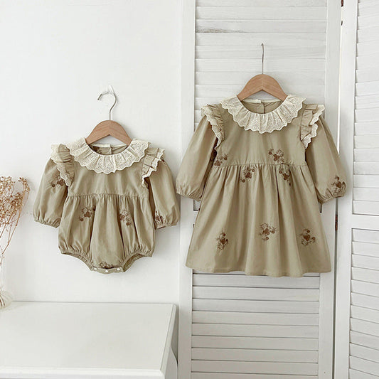 MyKids-USA® Baby Kids Girls Long Sleeves Vintage Floral Embroidery Pattern French Collar bodysuit and Dress – Princess Sister Matching Set
