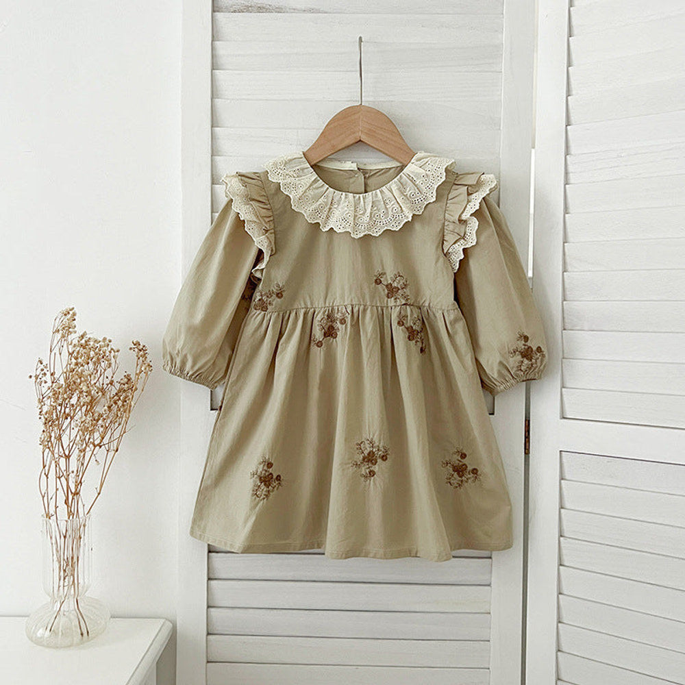 MyKids-USA® Baby Kids Girls Long Sleeves Vintage Floral Embroidery Pattern French Collar bodysuit or Dress – Princess Sister Matching