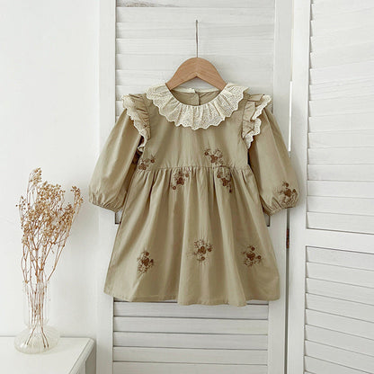 MyKids-USA® Baby Kids Girls Long Sleeves Vintage Floral Embroidery Pattern French Collar bodysuit or Dress – Princess Sister Matching