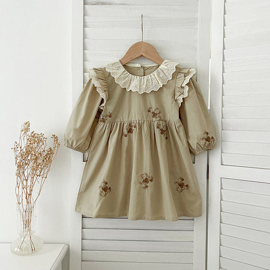 MyKids-USA® Baby Kids Girls Long Sleeves Vintage Floral Embroidery Pattern French Collar bodysuit or Dress – Princess Sister Matching