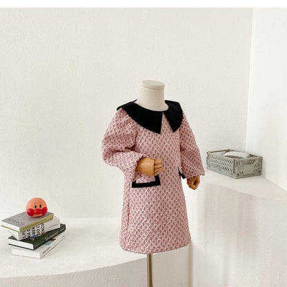MyKids-USA® Girls French Fashion Argyle Pattern Long Sleeves Dress with Collar