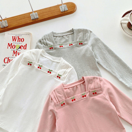 MyKids-USA® Design Kids Girls Square Neck Long Sleeves Cherry Embroidery Pattern Top Shirt