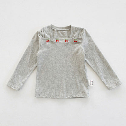MyKids-USA® Design Kids Girls Square Neck Long Sleeves Cherry Embroidery Pattern Top Shirt