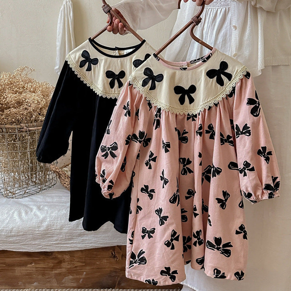MyKids-USA® Girls Butterfly-bows Pattern Long Sleeves Dress with Embroidery Collar