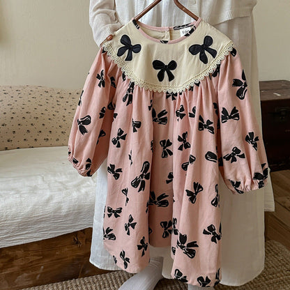 MyKids-USA® Girls Butterfly-bows Pattern Long Sleeves Dress with Embroidery Collar