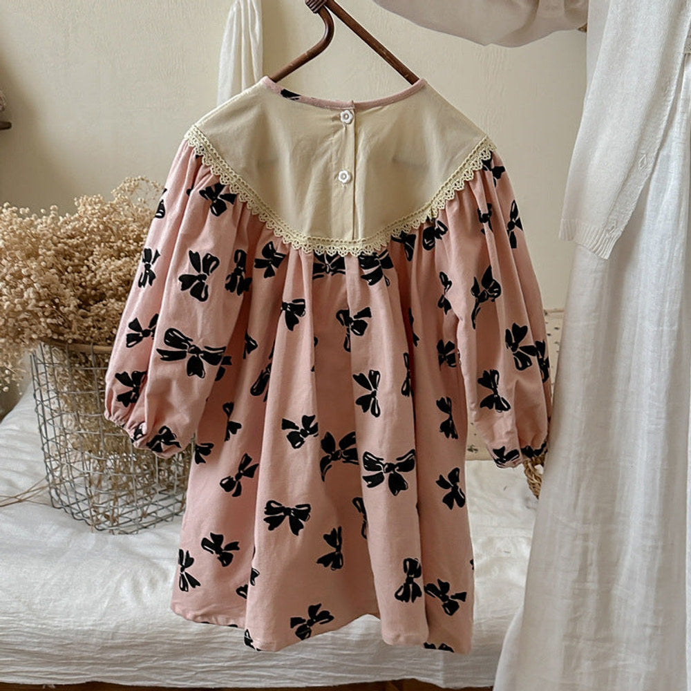 MyKids-USA® Girls Butterfly-bows Pattern Long Sleeves Dress with Embroidery Collar