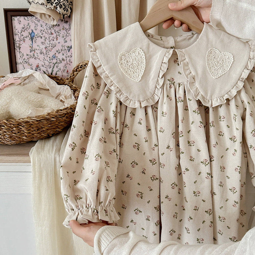 MyKids-USA® Girls Heart Embroidery Pattern Collar Long Sleeves Floral Dress