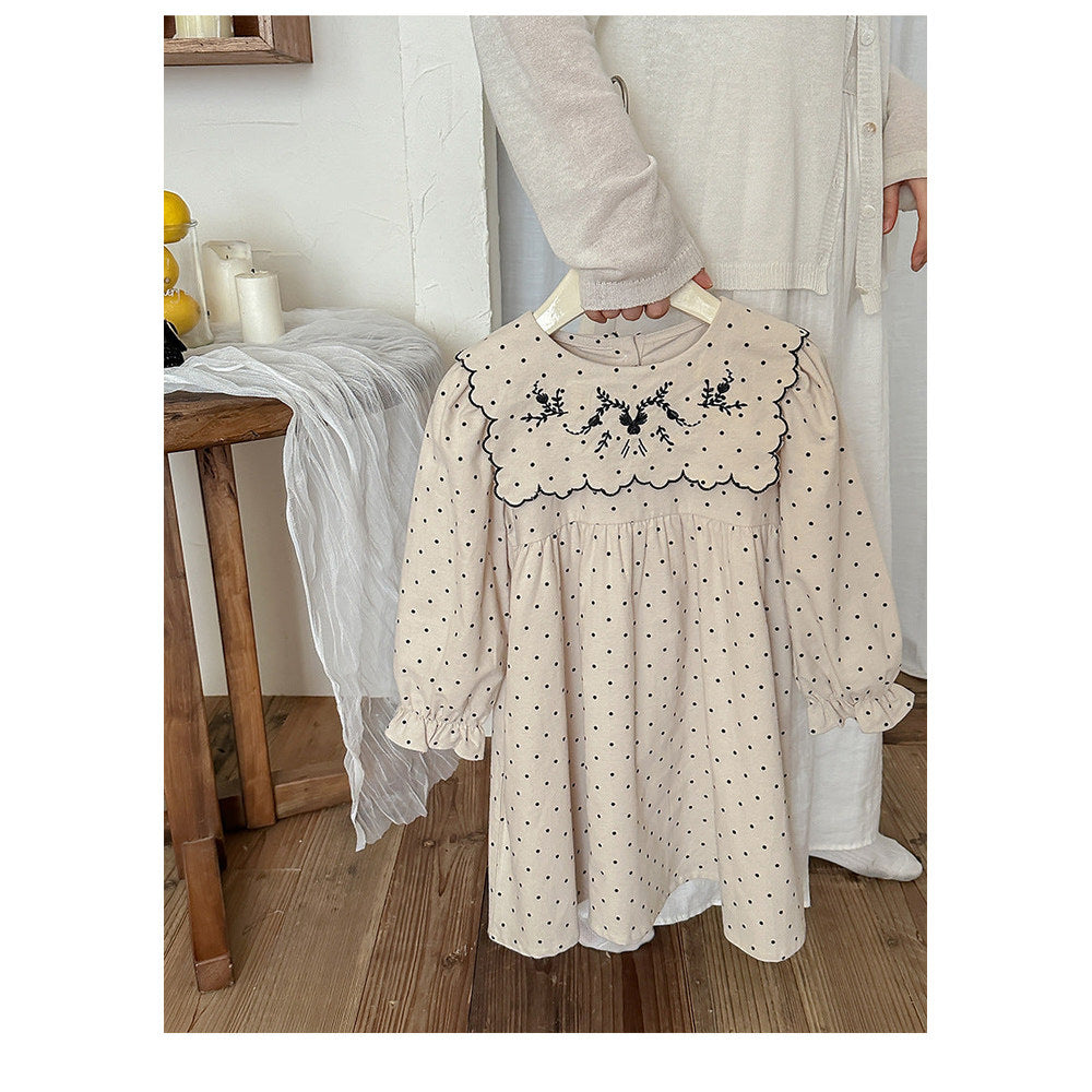 MyKids-USA® Girls Vintage Crew Neck Long Sleeves Dots Print and Flowers Embroidery Pattern Dress