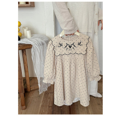 MyKids-USA® Girls Vintage Crew Neck Long Sleeves Dots Print and Flowers Embroidery Pattern Dress
