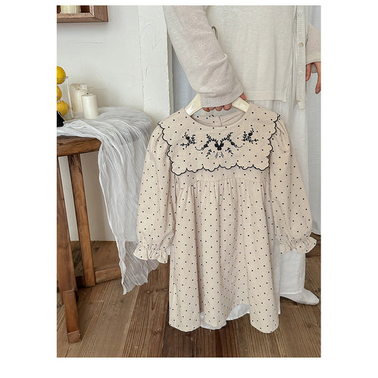 MyKids-USA® Arrival Autumn Girls Vintage Crew Neck Long Sleeves Dots Print and Flowers Embroidery Pattern Dress