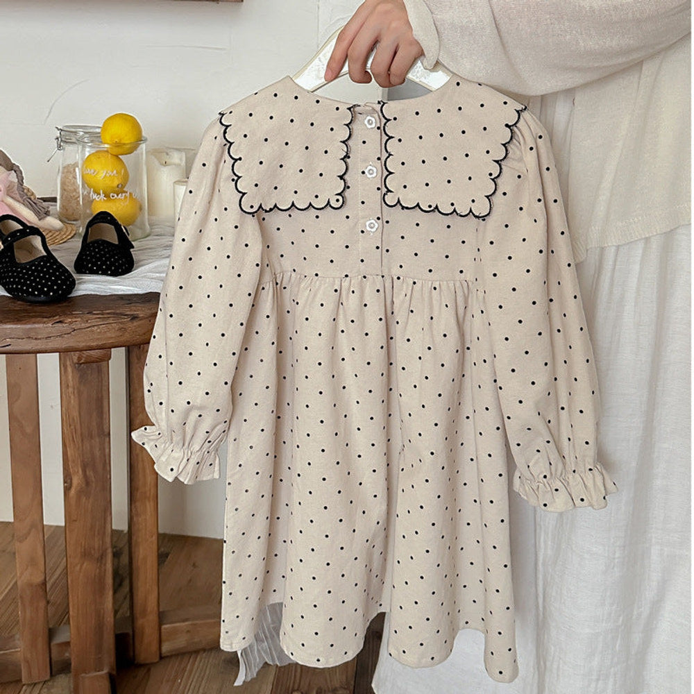 MyKids-USA® Girls Vintage Crew Neck Long Sleeves Dots Print and Flowers Embroidery Pattern Dress