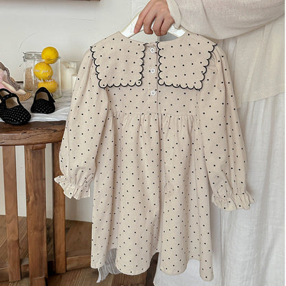 MyKids-USA® Girls Vintage Crew Neck Long Sleeves Dots Print and Flowers Embroidery Pattern Dress