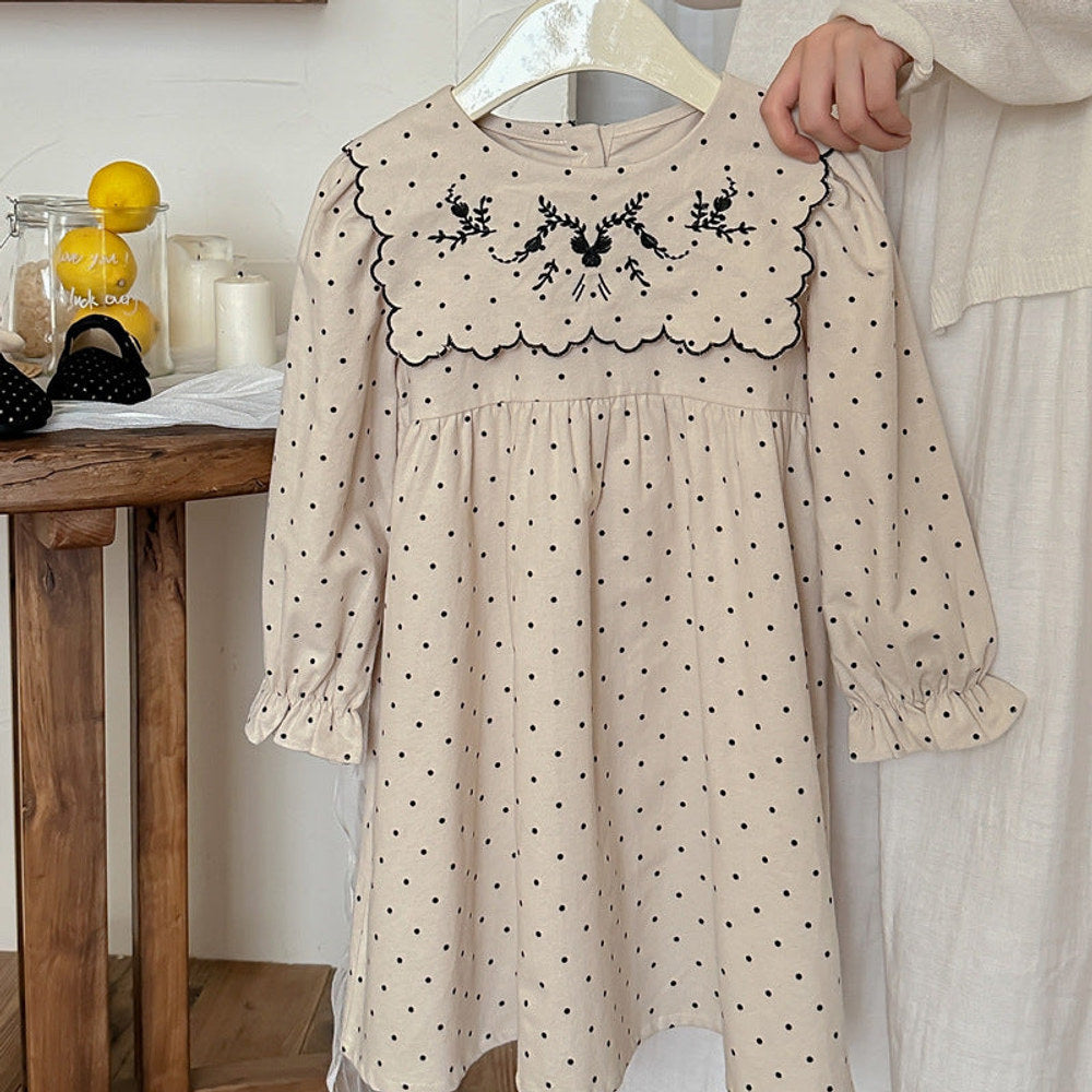 MyKids-USA® Girls Vintage Crew Neck Long Sleeves Dots Print and Flowers Embroidery Pattern Dress