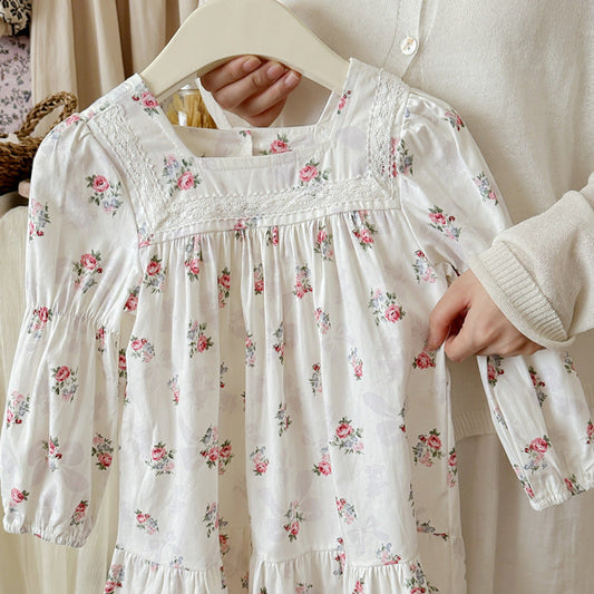 MyKids-USA® Design Autumn Girls Fashion Floral Long Sleeves Square Neck Dress