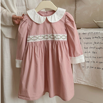 MyKids-USA® Girls Peter Pan Collar Long Sleeves Floral Argyle Pattern Dress