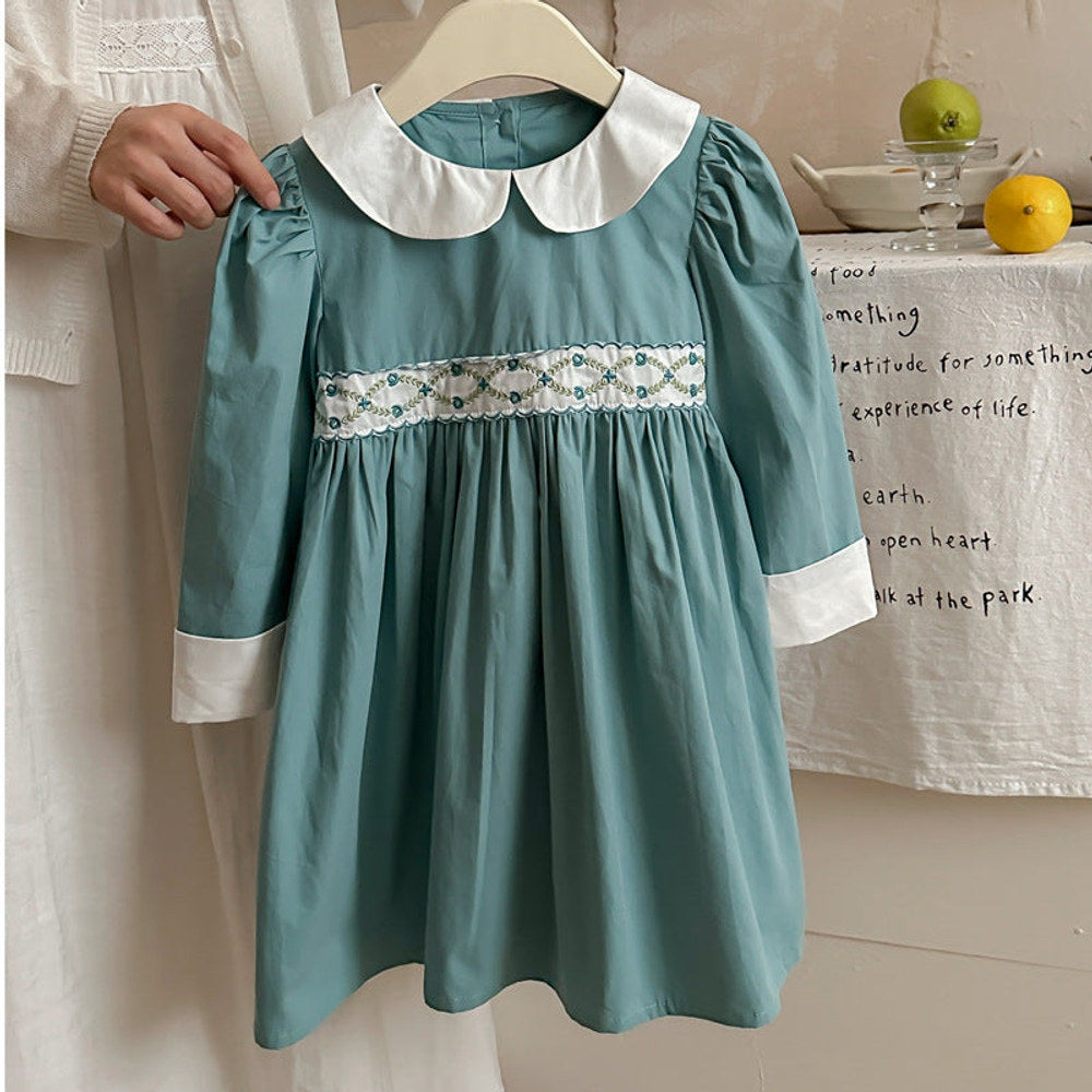 MyKids-USA® Girls Peter Pan Collar Long Sleeves Floral Argyle Pattern Dress