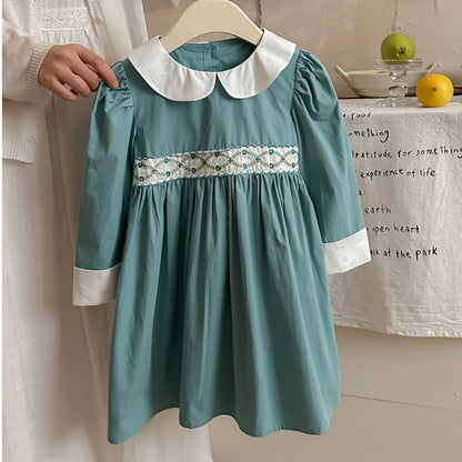 MyKids-USA® Girls Peter Pan Collar Long Sleeves Floral Argyle Pattern Dress
