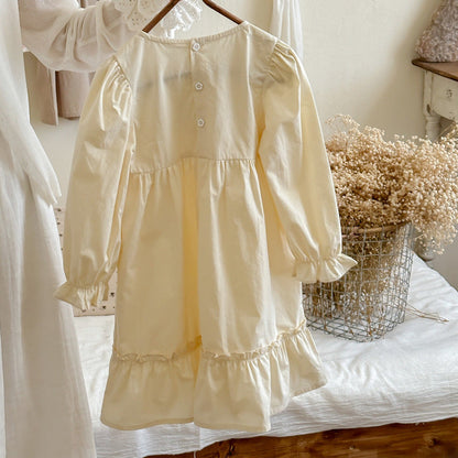 MyKids-USA® Girls French Style Crew Neck Long Sleeves Floral Embroidery Pattern Dress