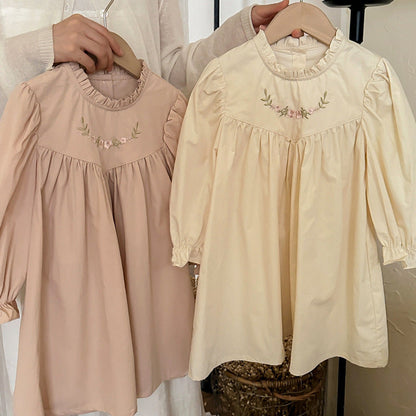 MyKids-USA® Girls Simple Ruffle Neck Long Sleeves Flowers Embroidery Pattern Dress