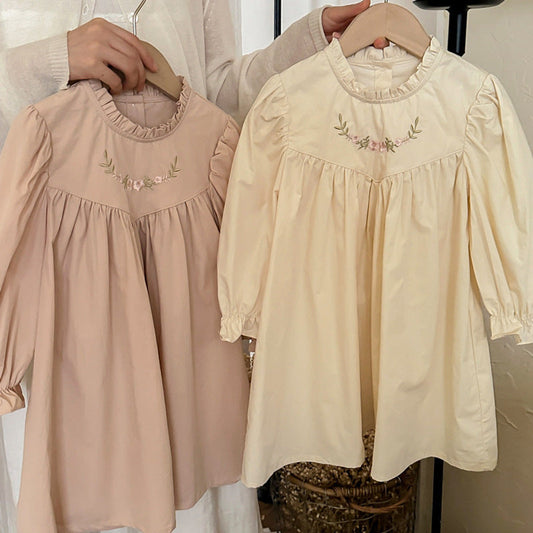 MyKids-USA® Arrival Autumn Girls Simple Ruffle Neck Long Sleeves Flowers Embroidery Pattern Dress
