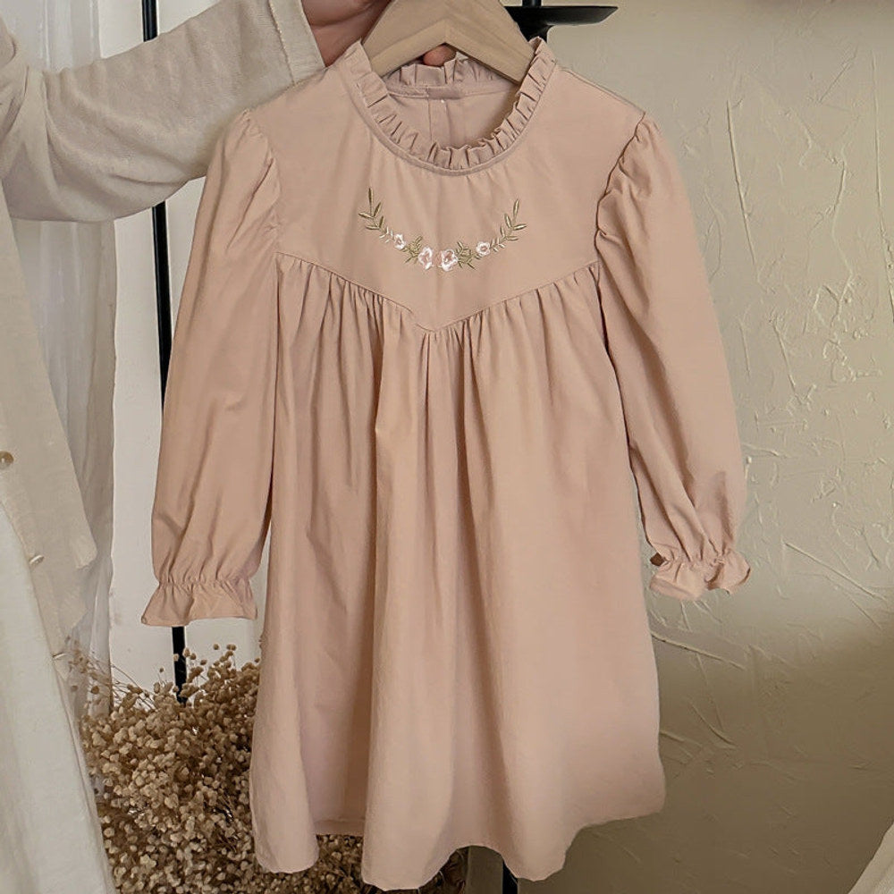 MyKids-USA® Girls Simple Ruffle Neck Long Sleeves Flowers Embroidery Pattern Dress