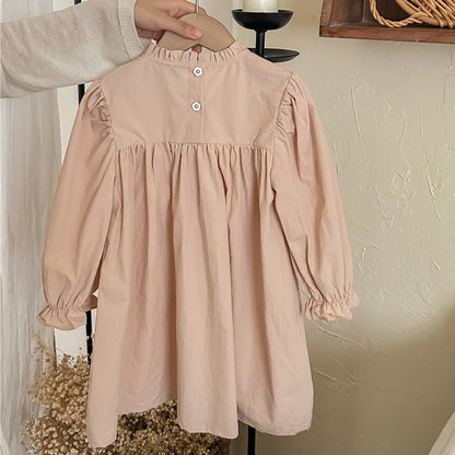 MyKids-USA® Girls Simple Ruffle Neck Long Sleeves Flowers Embroidery Pattern Dress