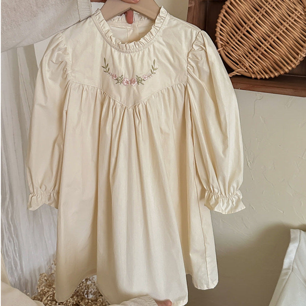 MyKids-USA® Girls Simple Ruffle Neck Long Sleeves Flowers Embroidery Pattern Dress