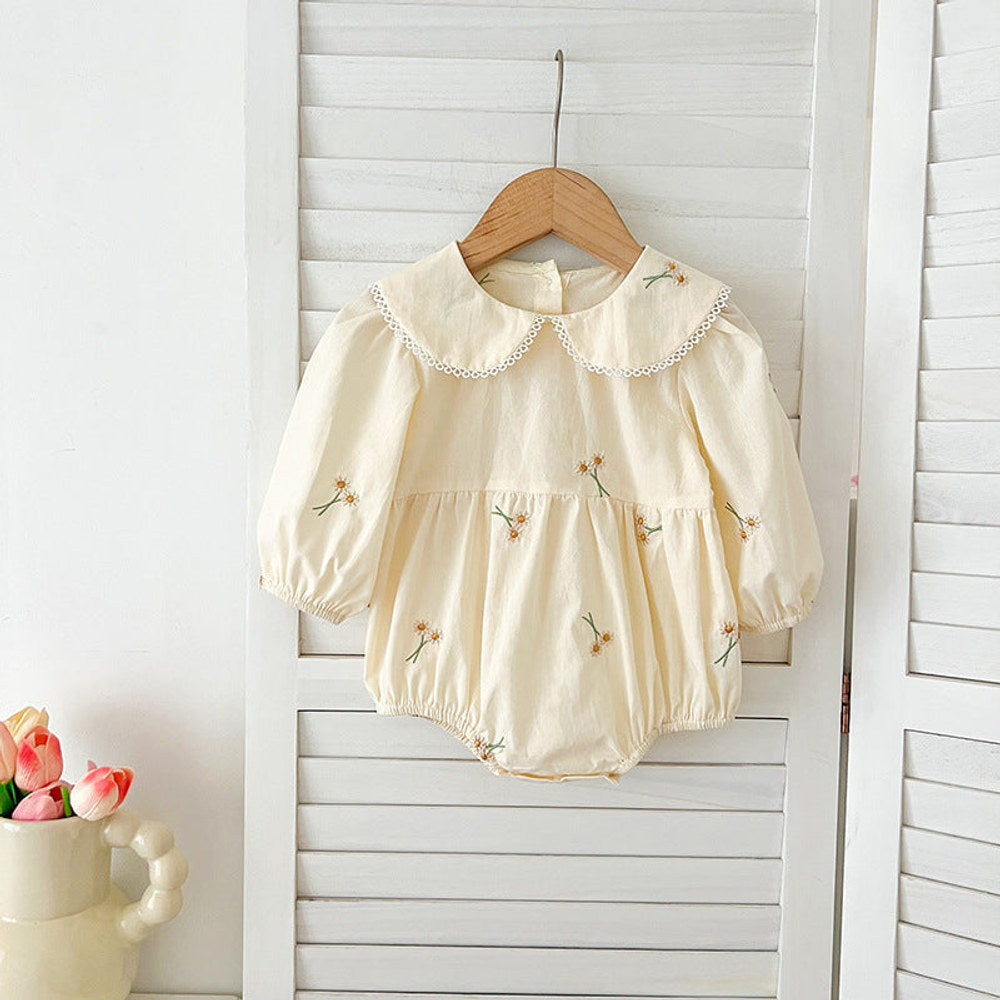 MyKids-USA® Baby Kids Girls Long Sleeves Daisy Floral Embroidery Pattern French Collar bodysuit or Dress – Princess Sister Matching