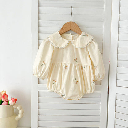 MyKids-USA® Baby Kids Girls Long Sleeves Daisy Floral Embroidery Pattern French Collar bodysuit or Dress – Princess Sister Matching
