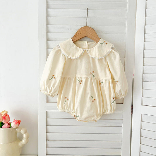 MyKids-USA® Baby Kids Girls Long Sleeves Daisy Floral Embroidery Pattern French Collar bodysuit and Dress – Princess Sister Matching Set
