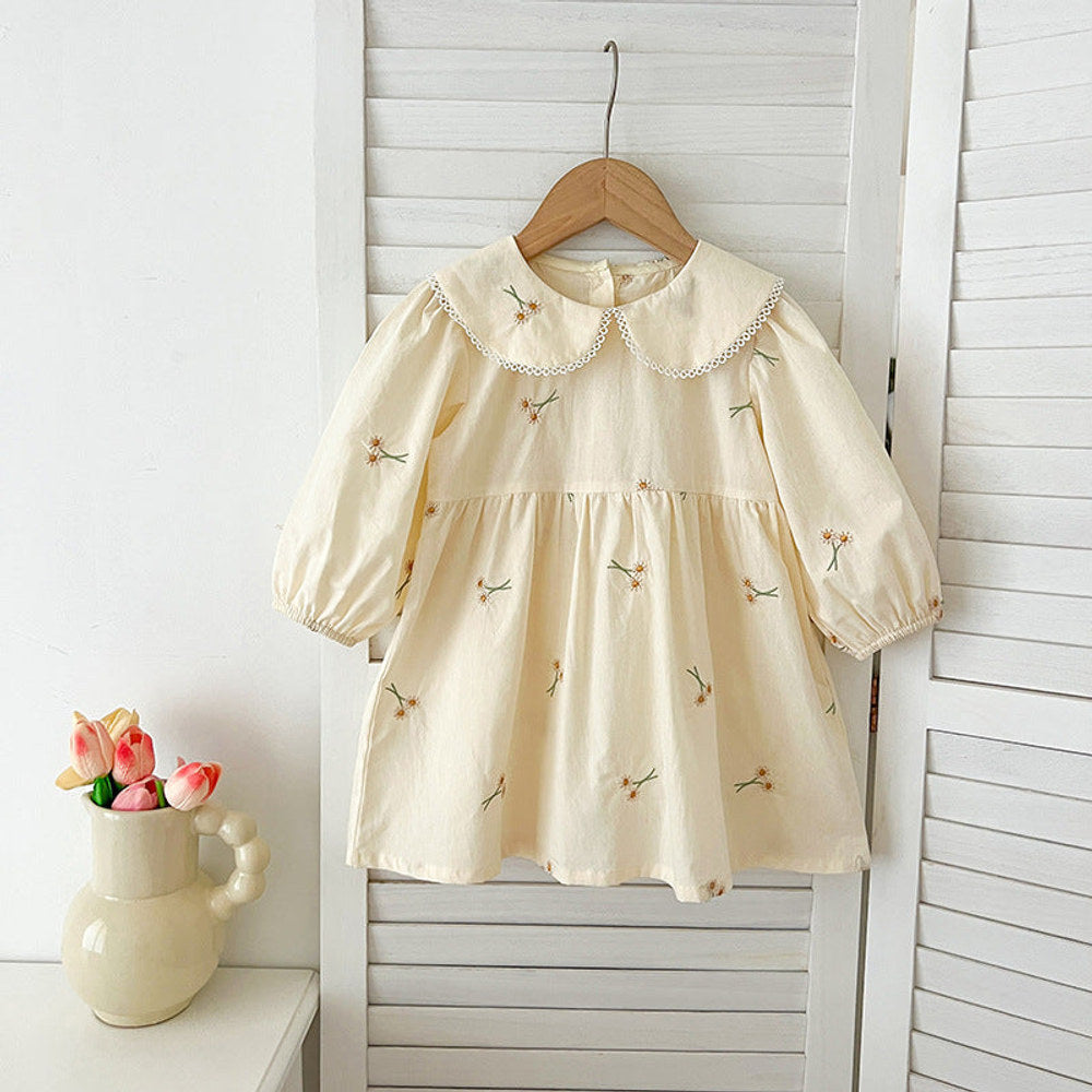 MyKids-USA® Baby Kids Girls Long Sleeves Daisy Floral Embroidery Pattern French Collar bodysuit or Dress – Princess Sister Matching