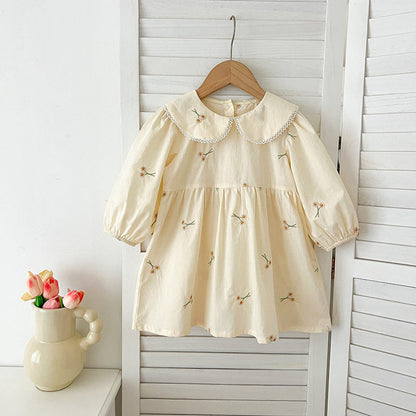 MyKids-USA® Baby Kids Girls Long Sleeves Daisy Floral Embroidery Pattern French Collar bodysuit or Dress – Princess Sister Matching