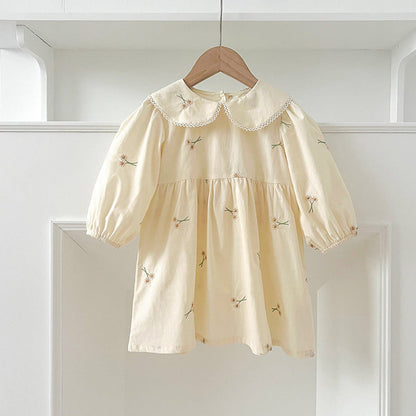 MyKids-USA® Baby Kids Girls Long Sleeves Daisy Floral Embroidery Pattern French Collar bodysuit or Dress – Princess Sister Matching