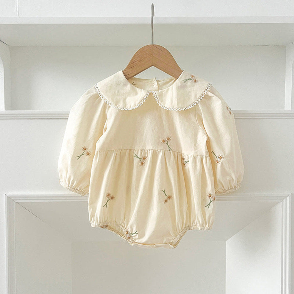 MyKids-USA® Baby Kids Girls Long Sleeves Daisy Floral Embroidery Pattern French Collar bodysuit or Dress – Princess Sister Matching