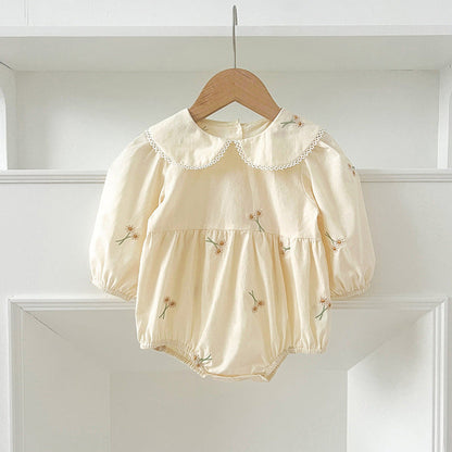 MyKids-USA® Baby Kids Girls Long Sleeves Daisy Floral Embroidery Pattern French Collar bodysuit or Dress – Princess Sister Matching