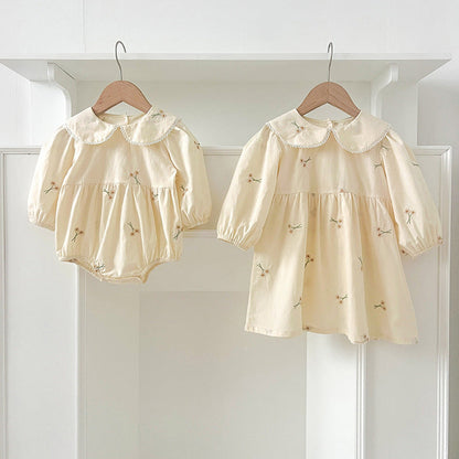 MyKids-USA® Baby Kids Girls Long Sleeves Daisy Floral Embroidery Pattern French Collar bodysuit or Dress – Princess Sister Matching