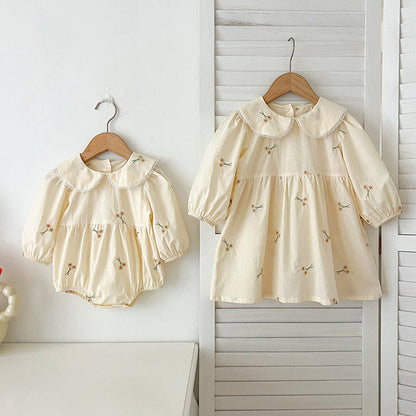 MyKids-USA® Baby Kids Girls Long Sleeves Daisy Floral Embroidery Pattern French Collar bodysuit or Dress – Princess Sister Matching